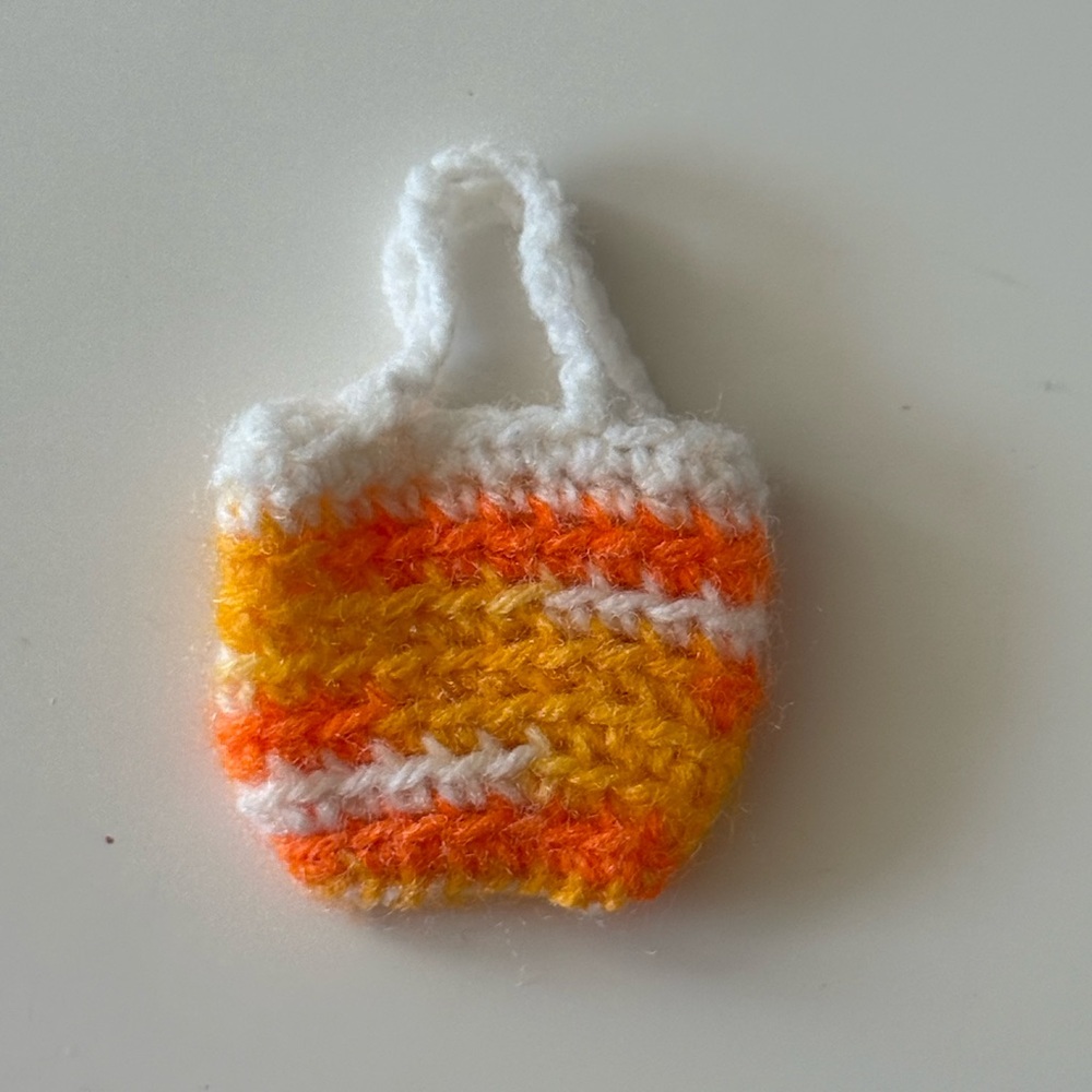 Vintage Barbie Doll Homemade Orange yellow and white knit tote
